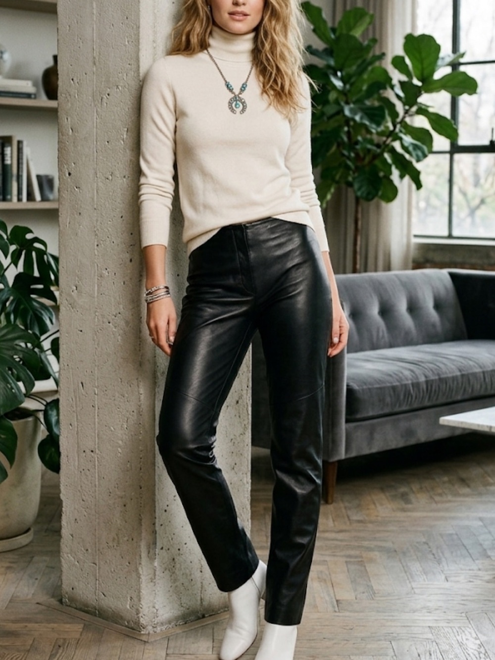 Victoire Black Raw hem Leather Straight Pants